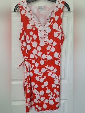 Mud Pie Floral Lace Trim Dress Orange White Boho Beach Vacation Tie Waist Size L